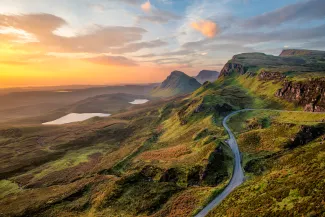 Vibrant sunrise at Quiraing on the Isle of Skye, Scotland.