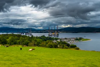 City in Scotland beside Scottish hillside