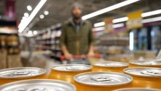 Man approaching yellow drink cans in supermarket