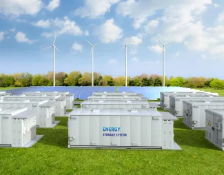 Battery energy storage systems in green field with solar and wind power generators