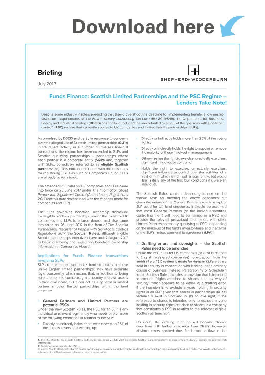 Funds Finance: Scottish Limited Partnerships and the PSC Regime – Lenders take note!