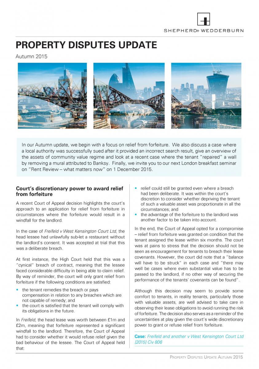 Property Disputes Update – Autumn 2015