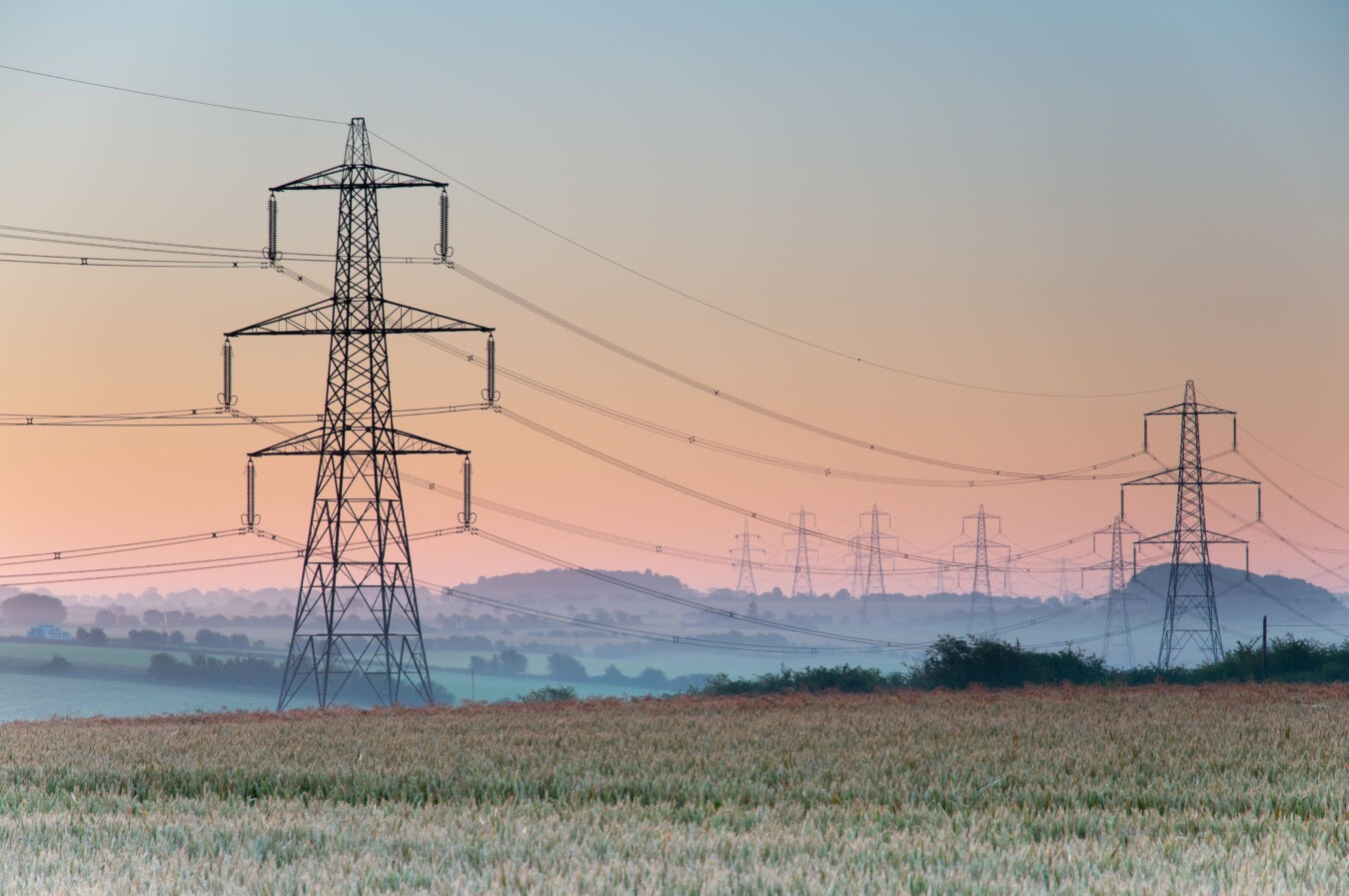 Power lines going over farmland